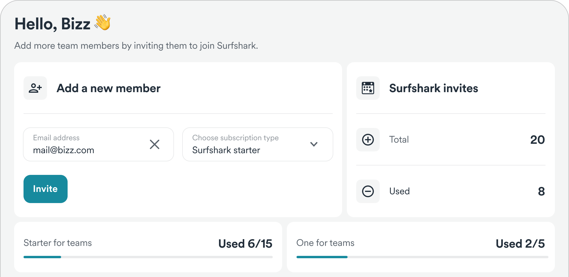 Surfsharks 팀 계정 관리자 패널의 스크린샷입니다.